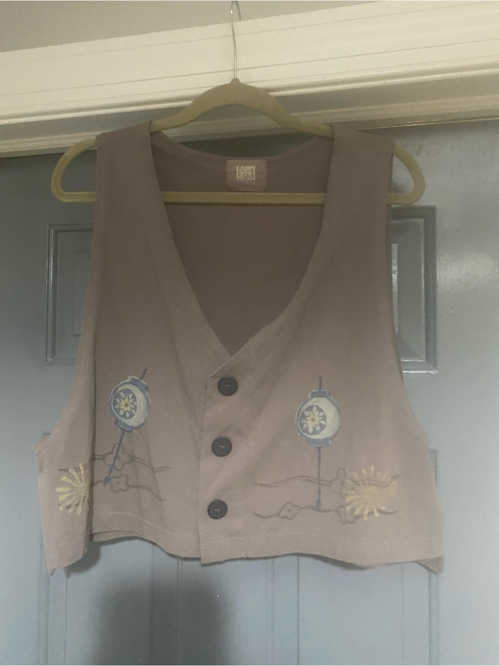 Blue Fish Embroidered Taupe Cropped Vest with Button Front